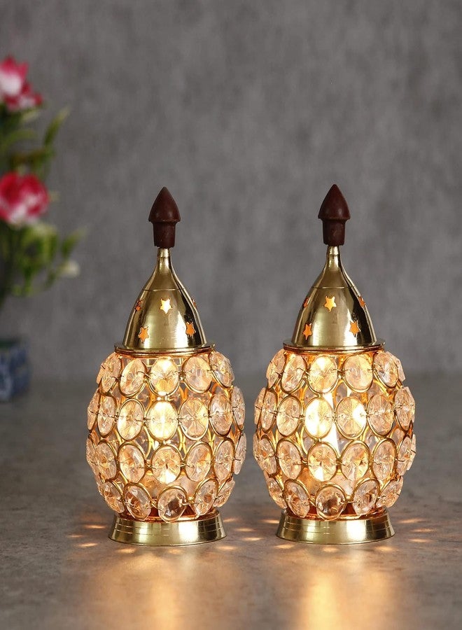 MISAA URNS Golden Brass and Crystal Akhand Diya for Puja - , Navratri - Brass Diya for Pooja Room, Home Temple Decor - Diwali Decoration Item for Home Decor Set of (2) - Image 1